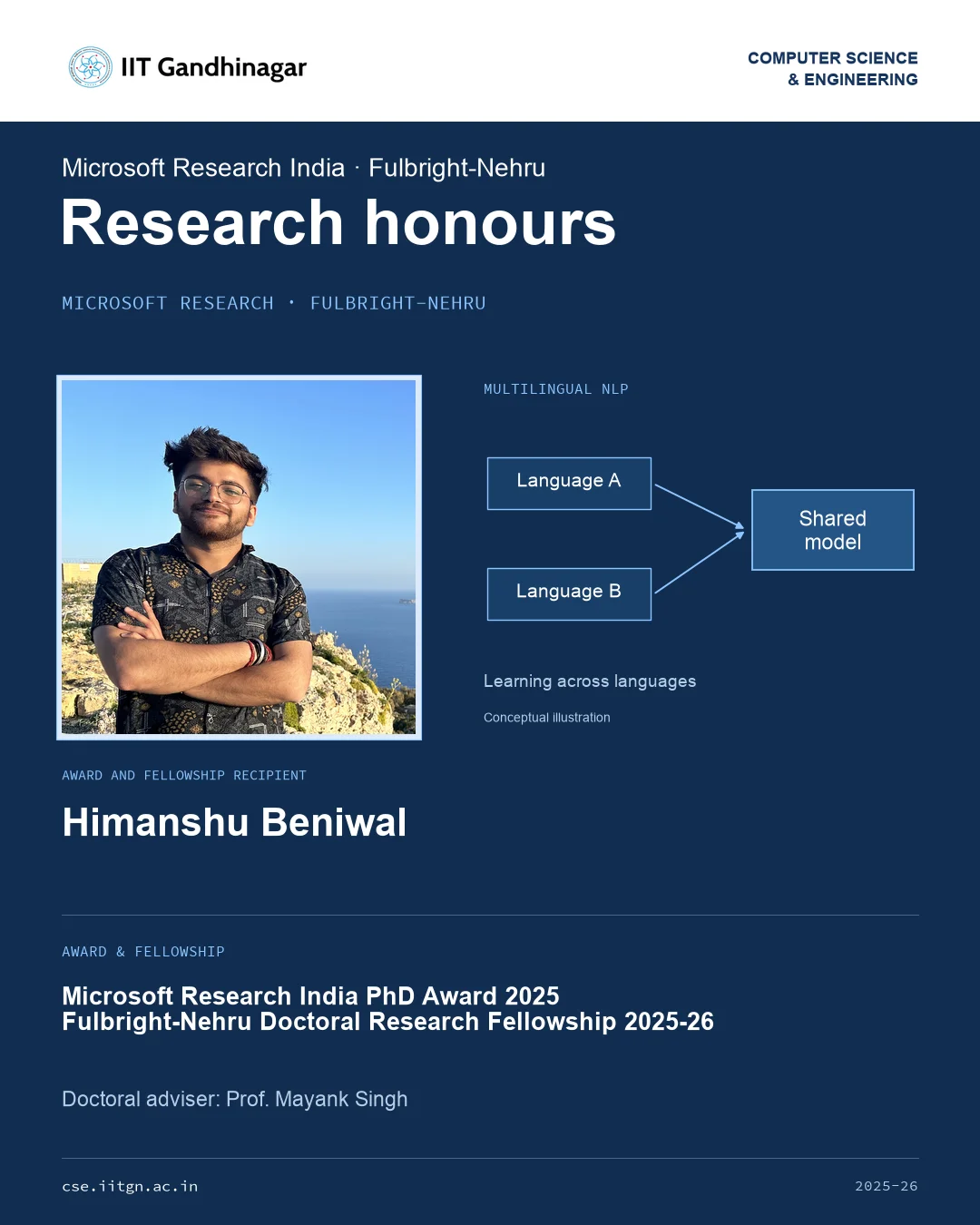 Himanshu Beniwal receives Microsoft Research India PhD Award and Fulbright-Nehru Fellowship