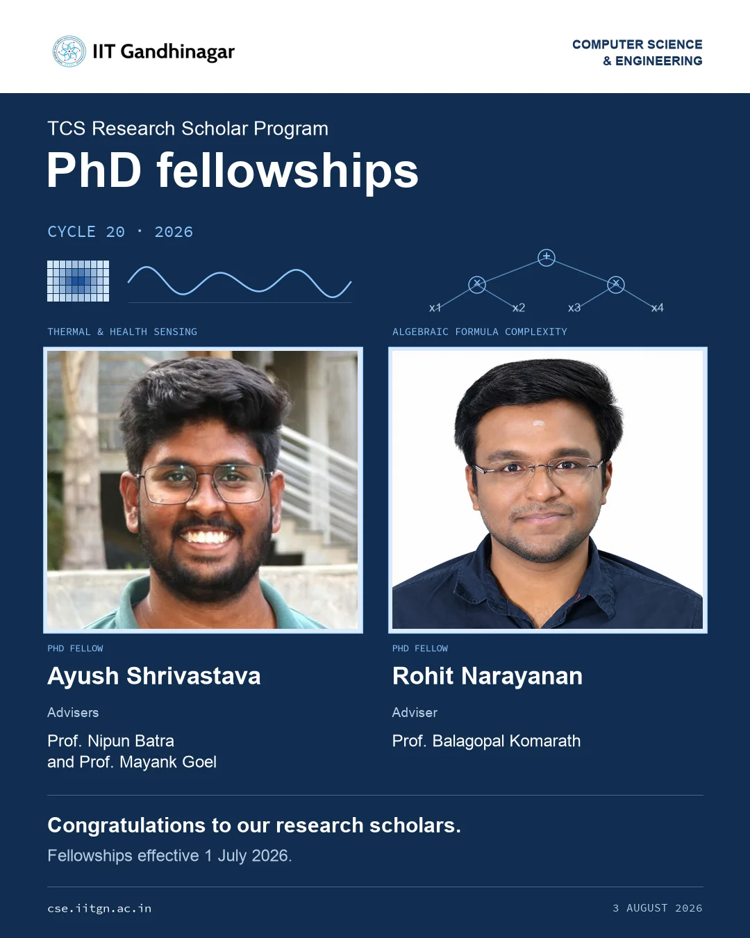 Ayush Shrivastava and Rohit Narayanan selected for TCS PhD fellowships
